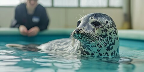 Caretaker monitoring a grey seal at a conservation facility, ensuring the health and well being of the grey seal in a dedicated environment for wildlife care.