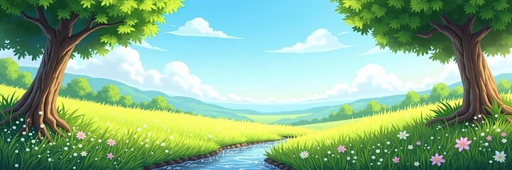 Obraz premium A serene cartoon landscape featuring a flowing stream and verdant meadow under a bright blue sky