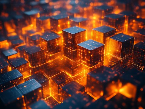 Glowing orange cubes, digital abstract.