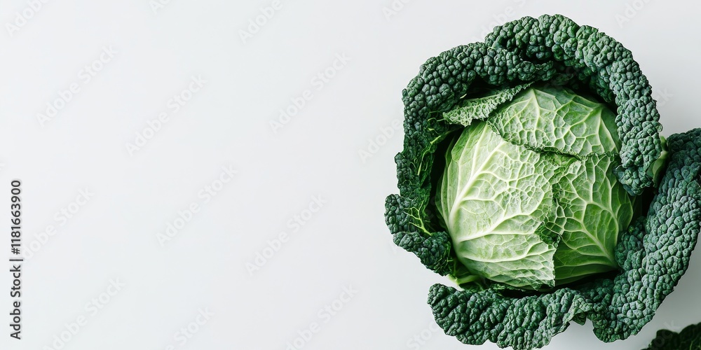 Poster Close up view of a fresh cabbage on a white background, showcasing the vibrant green color and texture of the cabbage. Ideal for highlighting the beauty of cabbage in a minimalist setting.