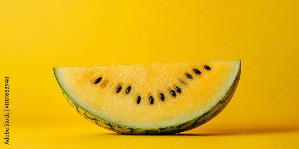 Poster a yellow background showcases half of a yellow watermelon, emphasizing the vibrant color of both the