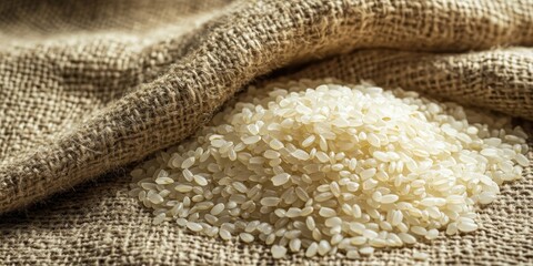 Delicious rice placed on a textured sackcloth background, showcasing the natural beauty of rice. This image highlights the rice s freshness against the rustic sackcloth backdrop.