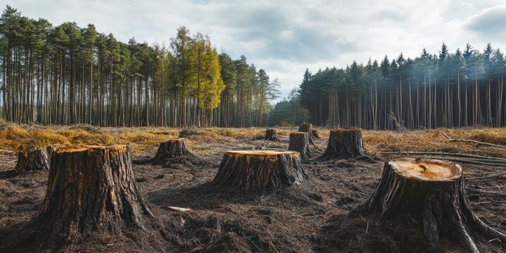 Pine forest felling showcases the contrast between growing trees and felled tree stumps, highlighting the impact of pine forest felling on the ecosystem and the importance of sustainable practices.