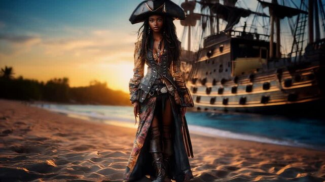 Pirate young African woman standing confidently on a ship deck during a vibrant sunset