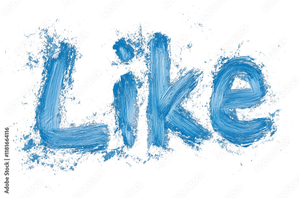 Aufkleber Blue Like text with gradient brush effect and scattered paint texture on transparency background, creating vibrant and artistic design