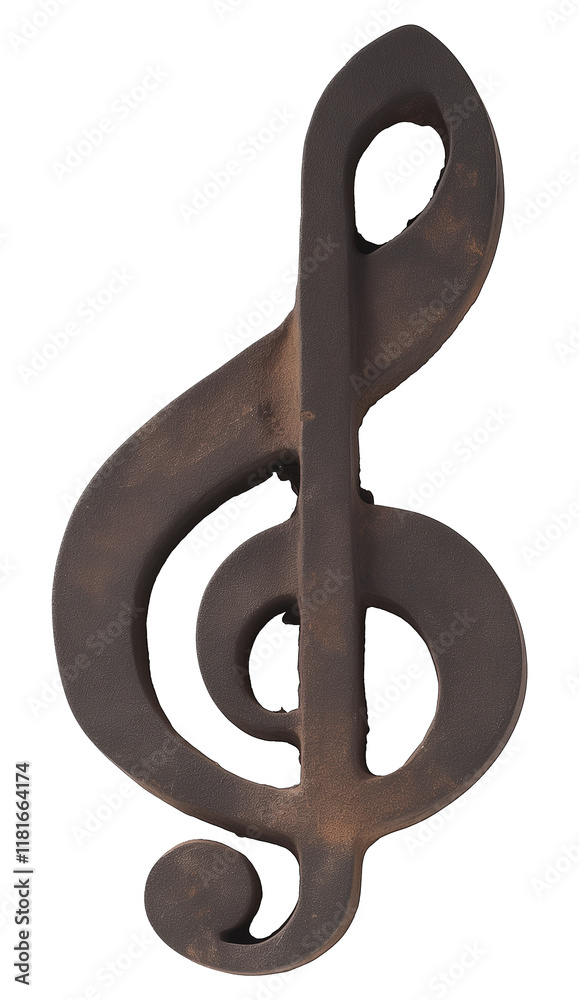 Poster bronze treble clef made of cast metal with rustic finish, isolated on transparency background. desig