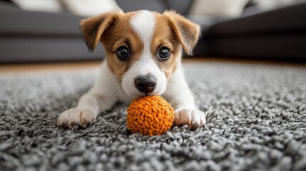 Cute puppy playing with an orange ball on the carpet