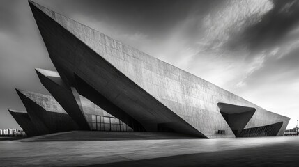 A dramatic architectural shot of a futuristic building fasade with sharp angles and clean lines in black and white
