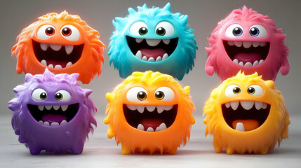 Obraz premium Fuzzy Colorful Monsters Show Big Teeth and Open Mouths with Excitement