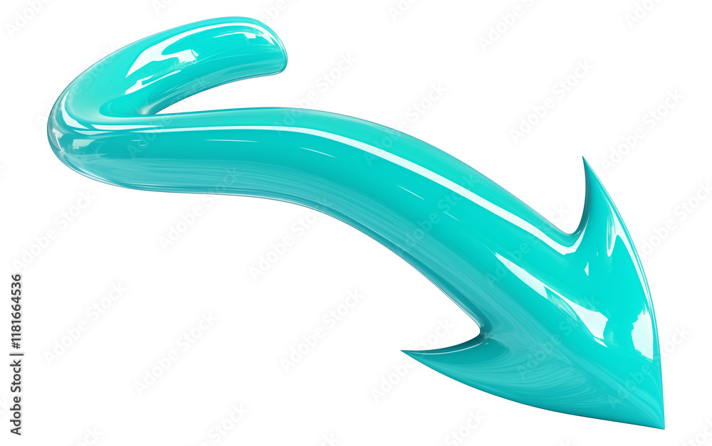 Poster glossy turquoise curved arrow pointing downward and to left, isolated on transparency background, wi
