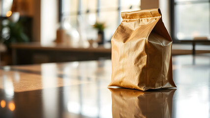 Gold Foil Coffee Bag on a Shiny Countertop