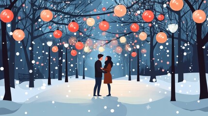Obraz premium Romantic Winter Scene with Couple Under Lanterns and Snowflakes