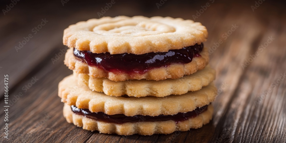 Poster shortbread cookie filled with jam displayed on a wooden background, showcasing the delightful textur