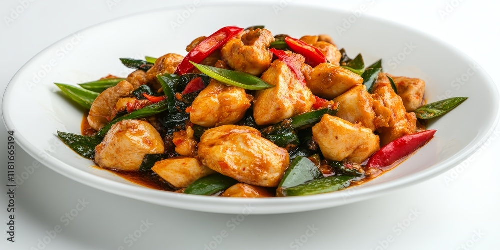 Poster stir fried chicken prepared with aromatic curry paste beautifully displayed against a white backgrou