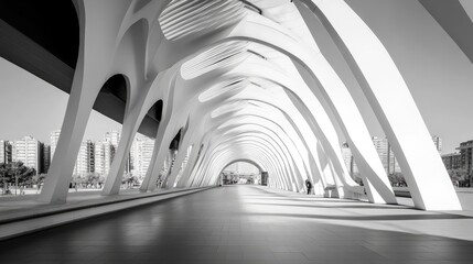 A high-contrast black-and-white shot of intersecting walkways, showcasing sleek architectural symmetry