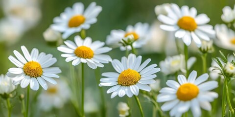 Obraz premium Close up of wild chamomiles blooming in a lush meadow, showcasing their vibrant growth in the summer. The wild chamomiles emit a herbal scent as bees pollinate and collect nectar. These flowers are