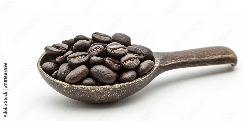 Poster dark roasted coffee beans displayed in a vintage scoop. this image highlights dark roasted coffee be