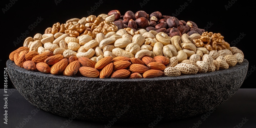 Poster Diverse selection of healthy nuts arranged in a dark stone bowl displayed in an isolated setting for a unique visual appeal of healthy nuts. Discover the beauty of healthy nuts in this composition.