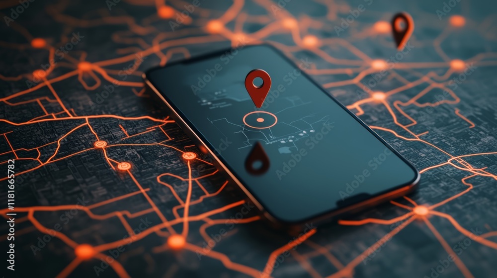 Poster futuristic glowing orange city map with location pins displayed on smartphone screen, symbolizing mo