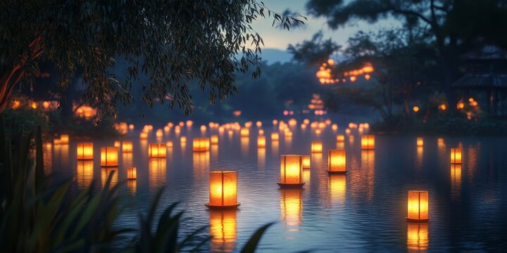 Floating Chinese lanterns illuminate the peaceful lake at night, creating a magical ambiance. The serene scene features numerous Chinese lanterns, enhancing the night sky s beauty.