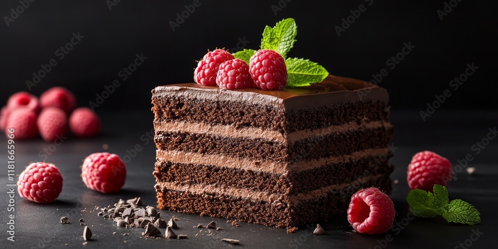 Poster chocolate cake slices adorned with fresh raspberries and mint leaves create a stunning visual on a b