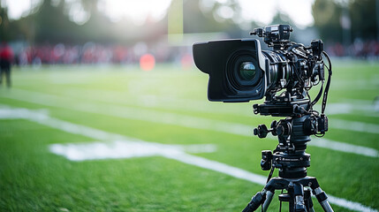 Professional video camera setup on a sports field with blurred background