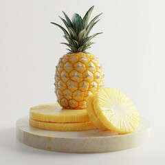 Fresh Pineapple on Wooden Cutting Board with Sliced Fruit and Natural Green Leaves Against a Light Background