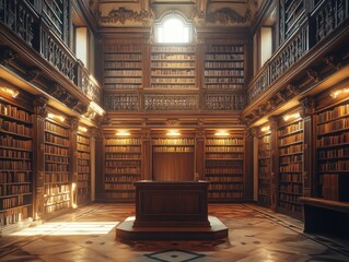 Ornate Classical Library with Floor to Ceiling Bookcases and Sunlight.