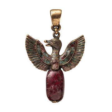 Ancient Egyptian amulet of Serqet with ruby gemstone, featuring intricate gold and turquoise detailing, symbolizing protection and healing in mythology