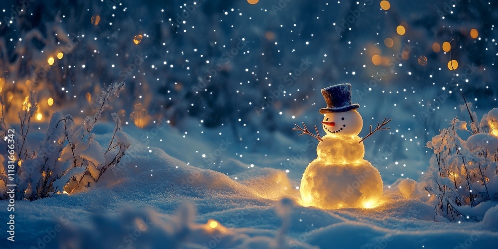 Poster snowman illuminated by festive lights creates a magical scene with snow. the snowman stands out in t