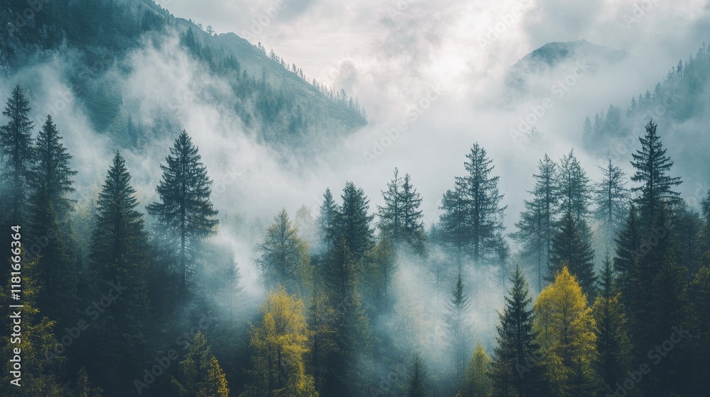 Poster fog and low clouds envelop the mountainside, creating a mystical atmosphere among the towering pine 