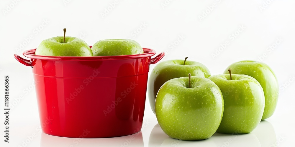 Poster vibrant green apples placed beside a red bucket, creating a striking visual contrast against a clean