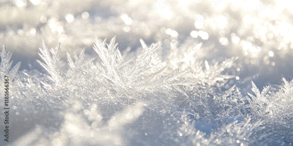 Poster a detailed view of a white, icy surface covered in frost highlights its delicate, crisp texture and 
