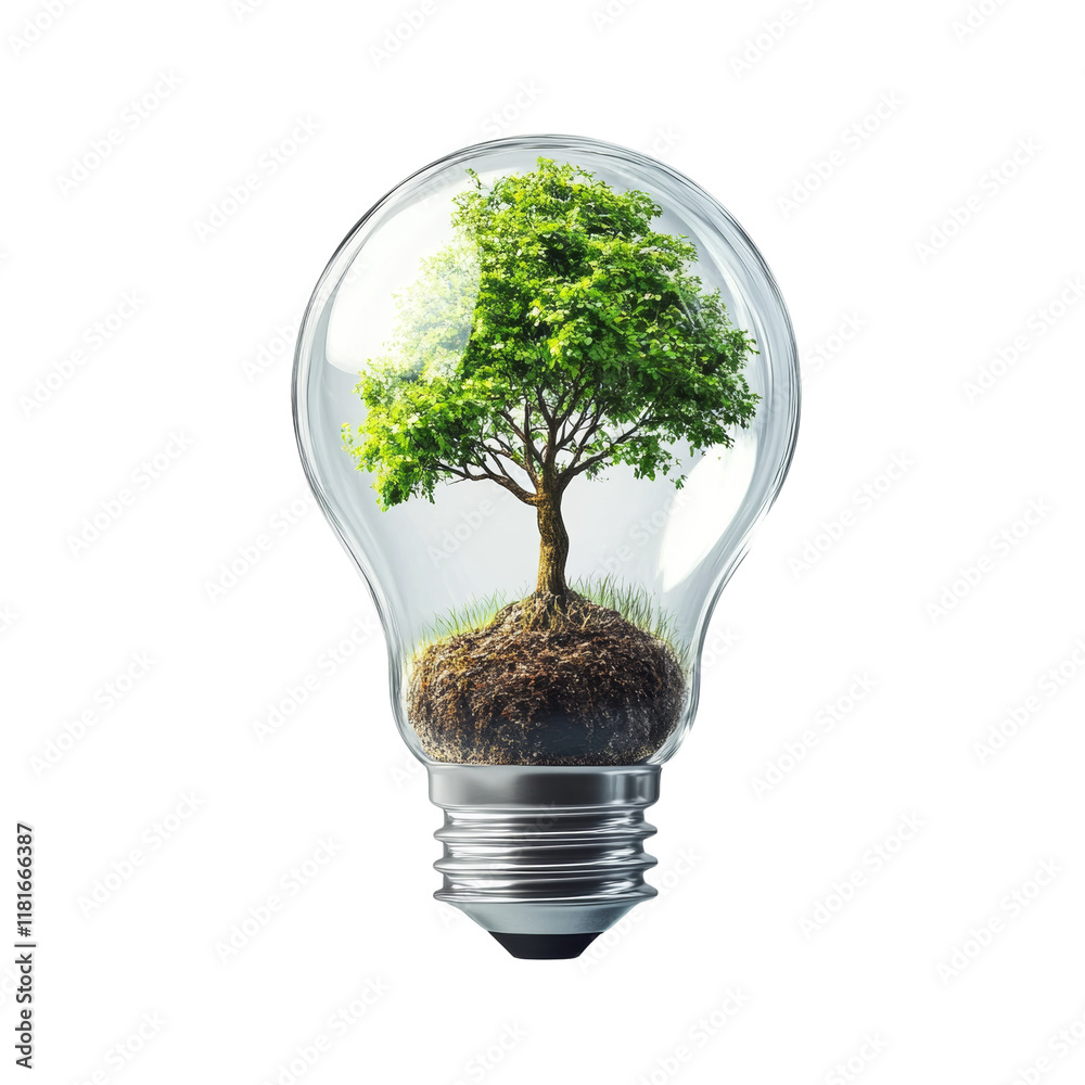 Poster the image shows a small tree growing inside a lightbulb symbolizing eco-friendly energy and sustaina