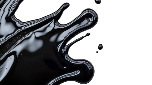 Abstract splash of black liquid with glossy texture on transparency background, creating dynamic and fluid design element