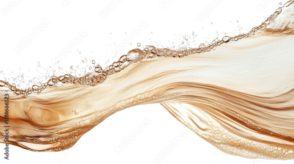 Poster dynamic wave of light brown liquid with bubbles, captured in motion, creating fluid and energetic composition. transparent background enhances liquid texture and flow