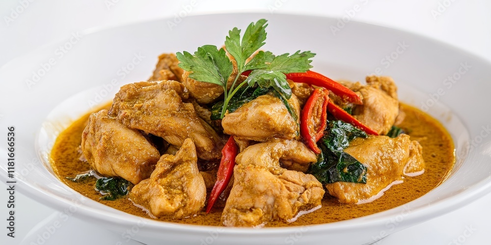 Poster stir fried chicken prepared with aromatic curry paste beautifully displayed against a white backgrou