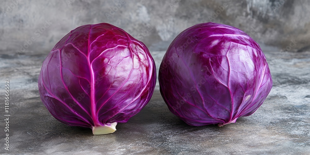 Aufkleber Whole red cabbage displayed on a counter, showcasing the vibrant color and texture of red cabbage, perfect for culinary creations and healthy meals featuring fresh red cabbage.