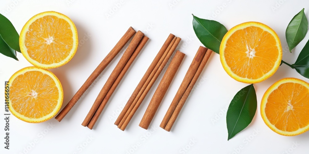 Aufkleber orange and cinnamon sticks displayed separately on a white background, creating a vibrant compositio