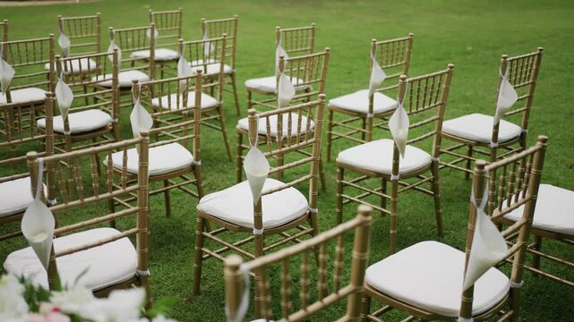 gold plastic Chiavari chairs in rows. Outdoor wedding ceremony, event, seminar or party with no people.Wedding set up and wedding ceremony decoration chairs at the wedding ceremony