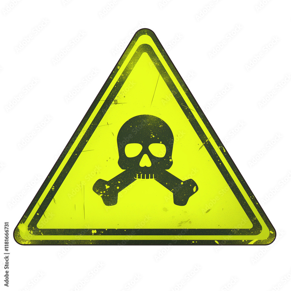 Poster yellow caution sign with glowing texture featuring skull and crossbones symbol, indicating danger or