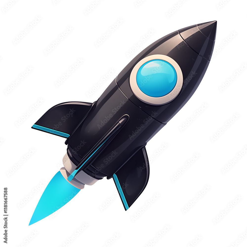 Poster sleek matte black rocket with blue accents and glowing blue flame, isolated on transparency backgrou