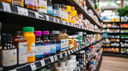 Shelves stocked with colorful bottles of vitamins and health supplements in a store
