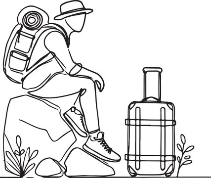 Minimalist Line Art of Traveler with Bag Sitting on Stone