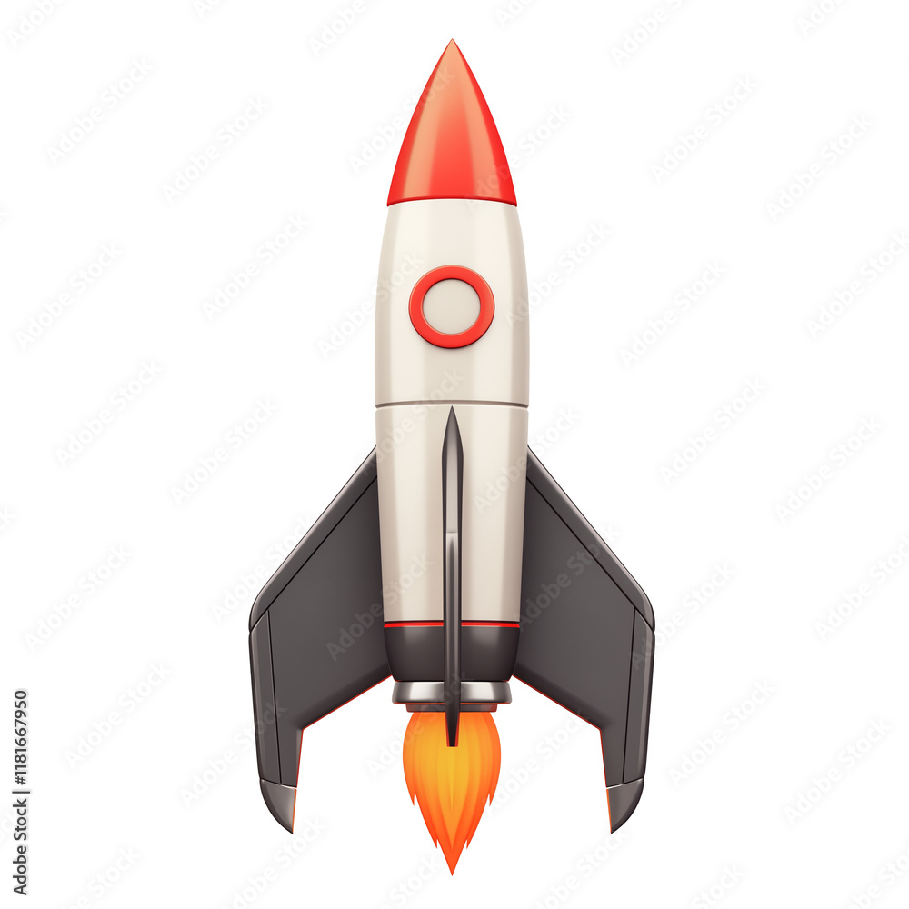 Poster metallic silver rocket with red accents and rocket boosters, isolated on transparency background, sh