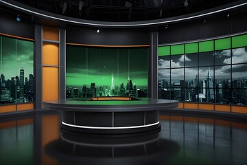 News TV Studio Set - Virtual Green Screen Background Loop motion footage, A green screen static image is included for easy editing Generative AI