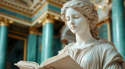 Fototapeta premium Marble Sculpture Reads a Book in Ornate Hall