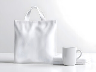 白無地のトートバッグとマグカップとタオル