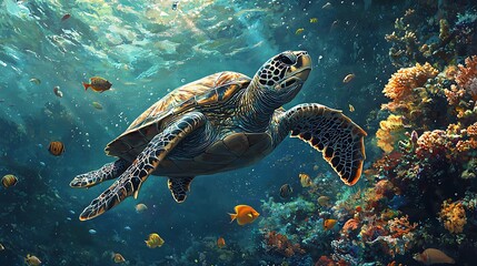 Obraz premium A sea turtle swimming among colorful coral and fish.
