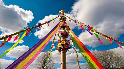 Colorful Maypole Decorated with Flowers and Ribbons Under a Bright Blue Sky During a Traditional Outdoor Celebration

